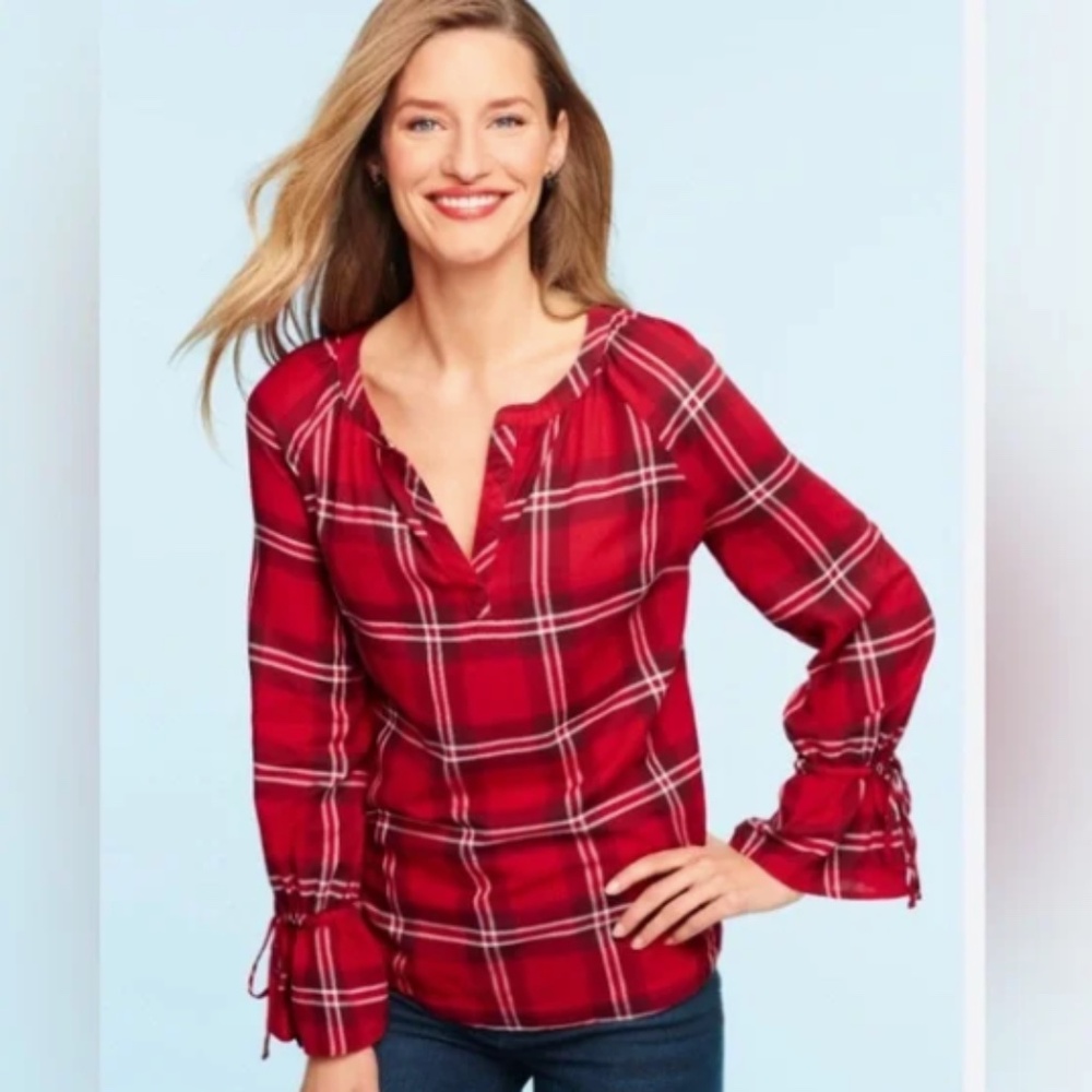 Talbots Red Plaid V-Neck Long Sleeve Blouse